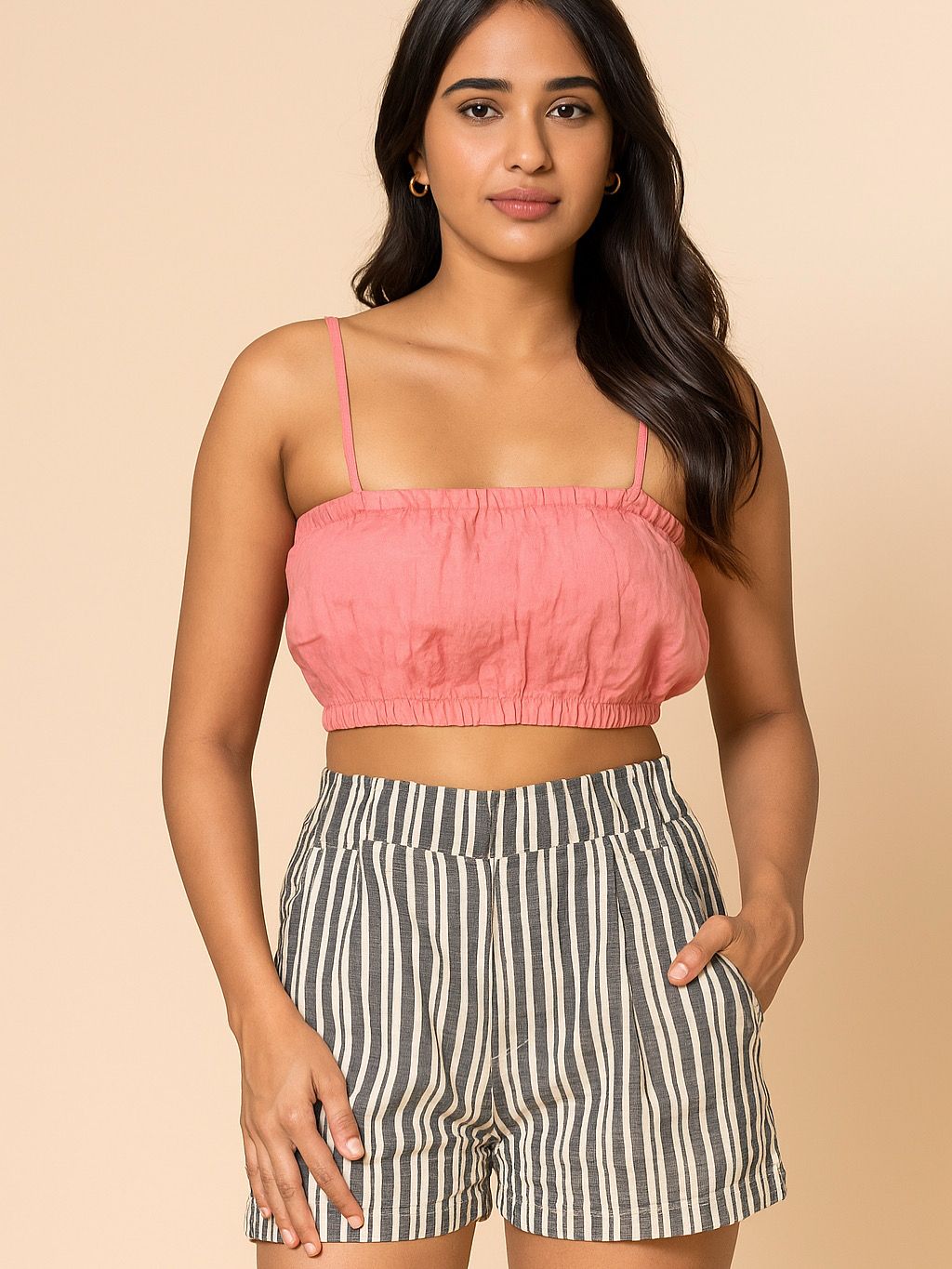 High-waisted striped linen shorts