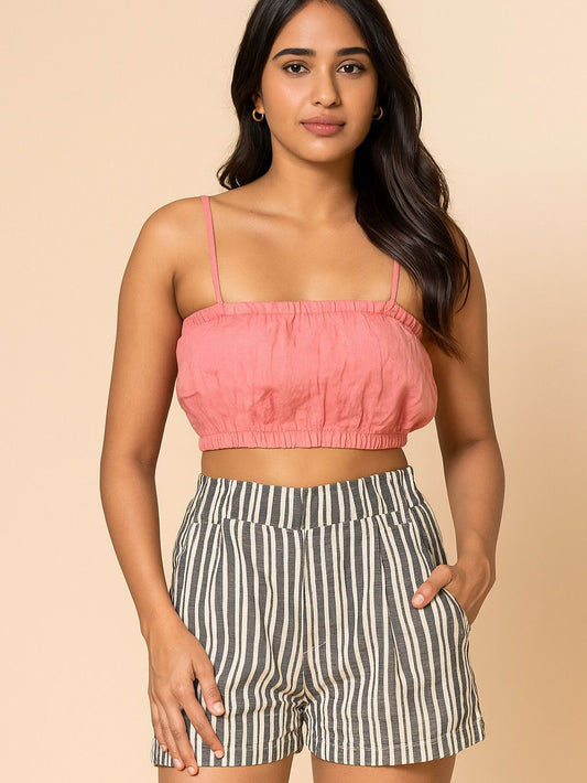 High-waisted striped linen shorts